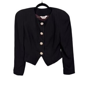 Vintage 80s Lyn Kohls New York Blazer Women 8 Black Wool Cropped 4 Button Formal